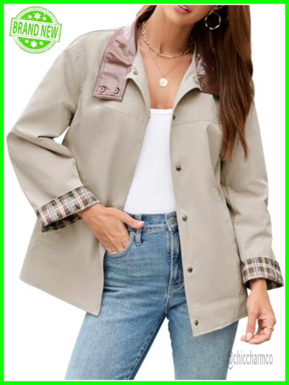 Women's Cropped Trench Coat with Faux Leather Collar and Plaid Lining